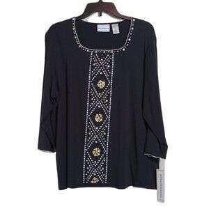 Alfred Dunner Sequin Beaded Tunic Women’s L Black Floral Southwestern Boho New